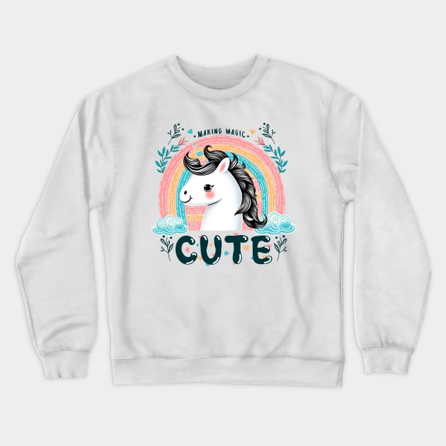 Cute unicorn with rainbow, flowers and clouds Crewneck Sweatshirt by ilhnklv